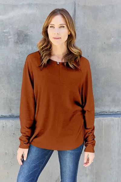 Double Take Full Size Round Neck Long Sleeve T-Shirt - Love Salve
