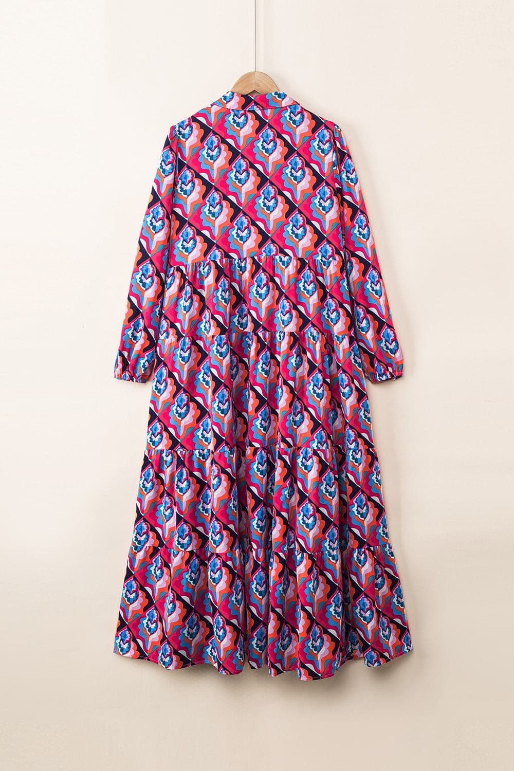 Printed Collared Neck Long Sleeve Midi Dress.