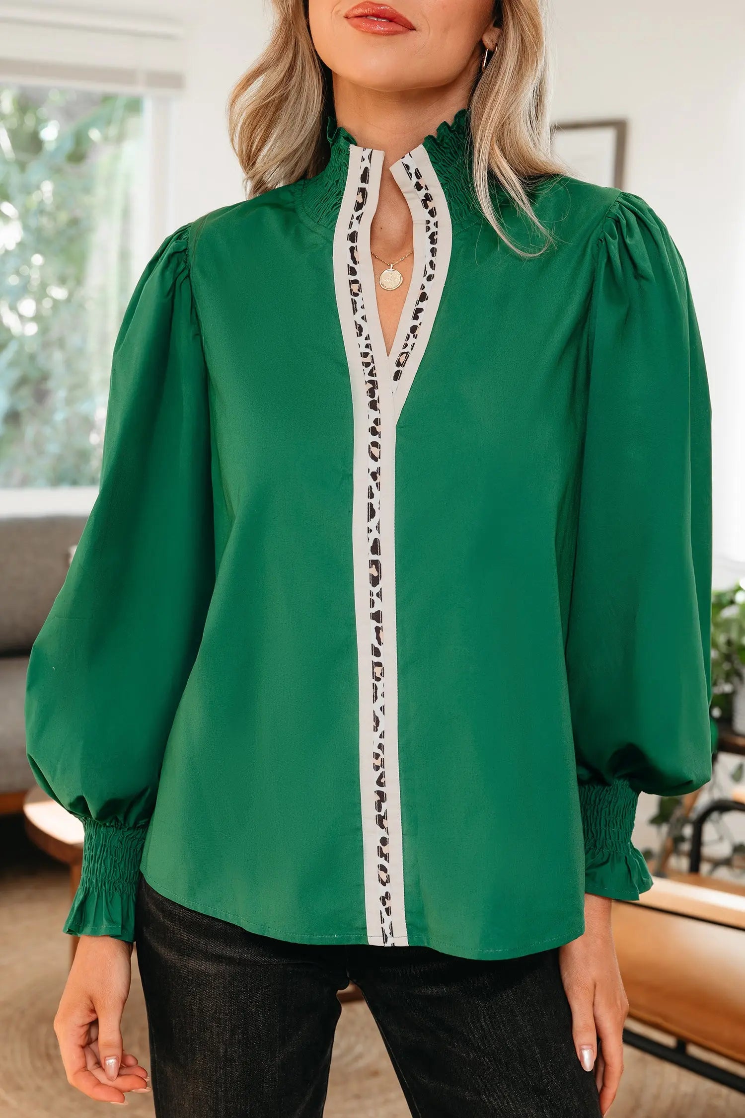 Evergreen Leopard Trim V Neck Blouse With Puffy Flounce Sleeves Dear-Lover Dropshipping