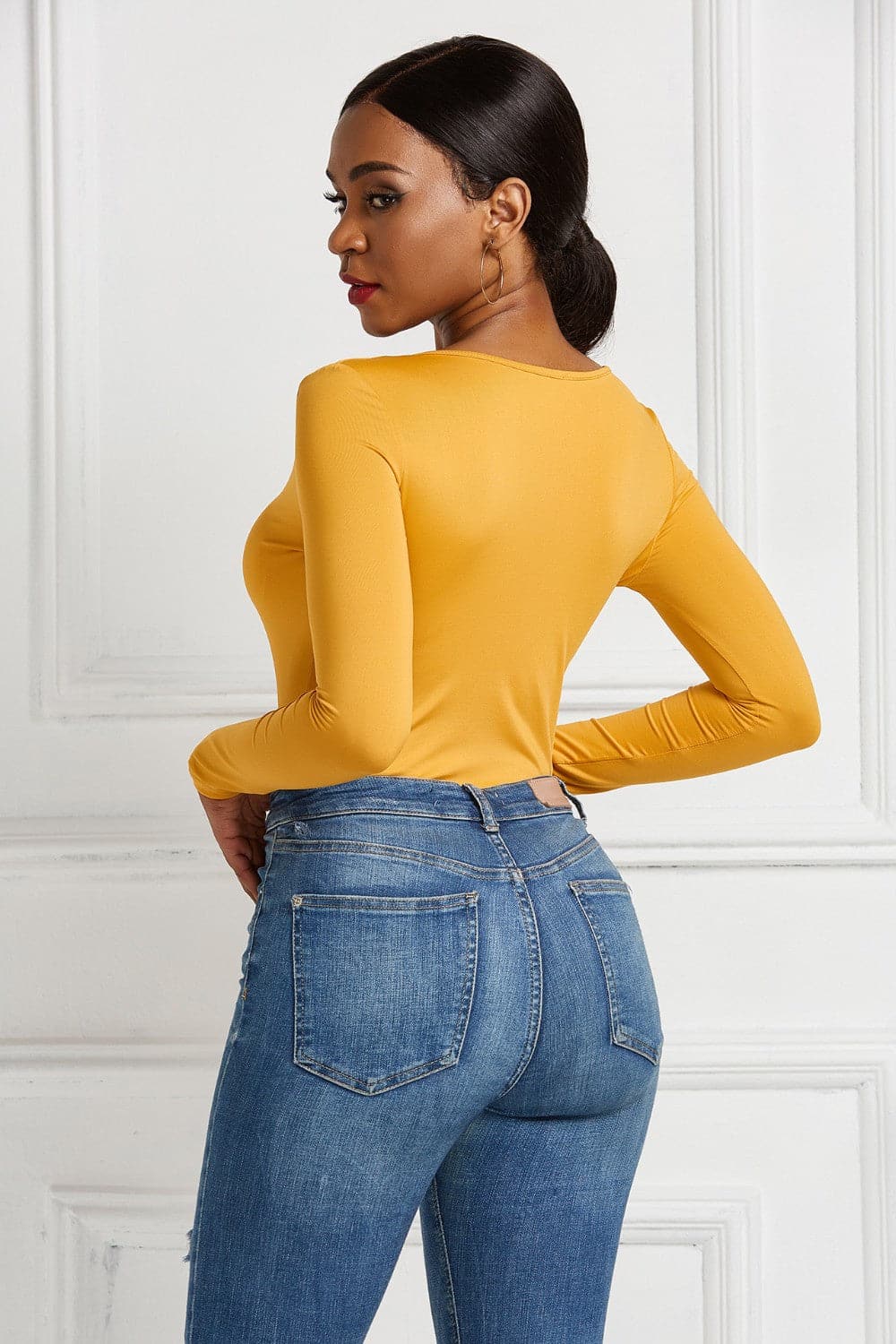 Half Zip Scoop Neck Long Sleeve Bodysuit.