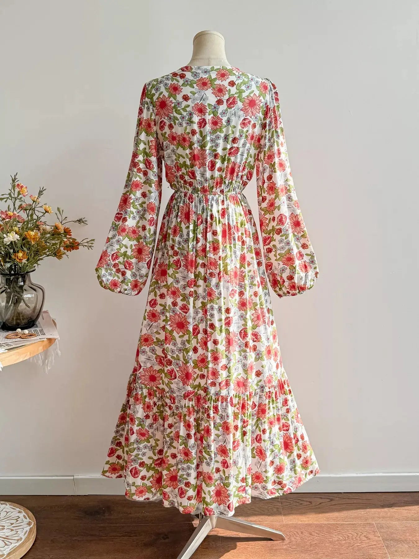 Floral Print V-Neck Bohemian Midi Dress Simply Love