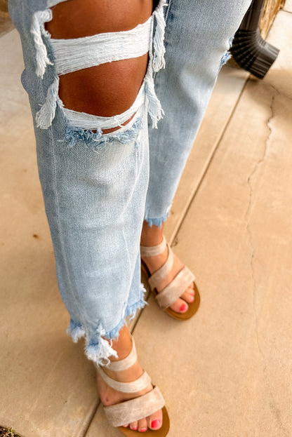 Chic Beau Blue distressed straight-leg jeans for a timeless casual look