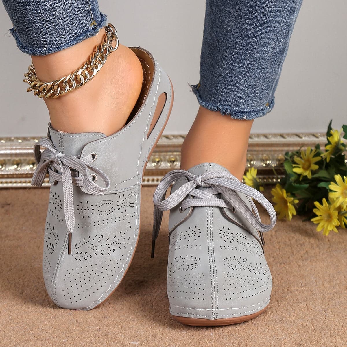 Lace-Up Round Toe Wedge Sandals.