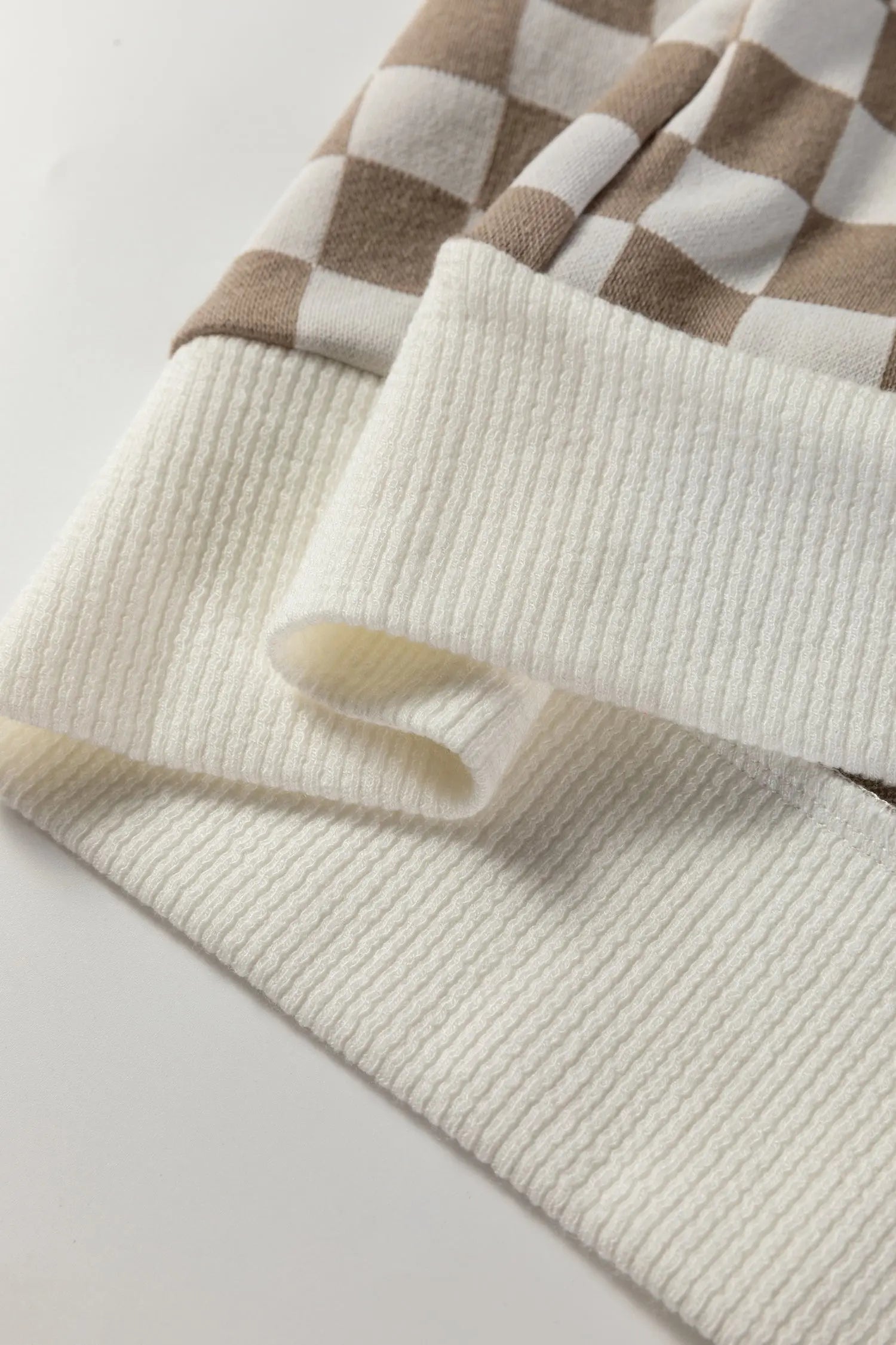 Khaki Checkered Print Quarter Zip Ribbed Patchwork Loose Sweatshirt Dear-Lover Dropshipping