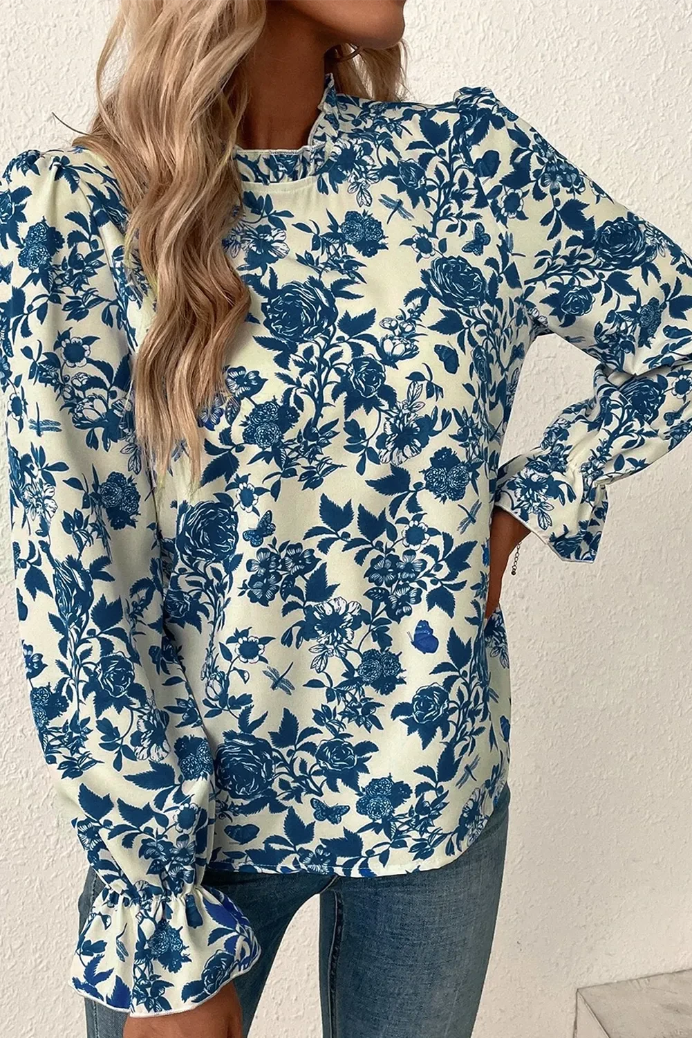 Printed Mock Neck Flounce Sleeve Blouse.