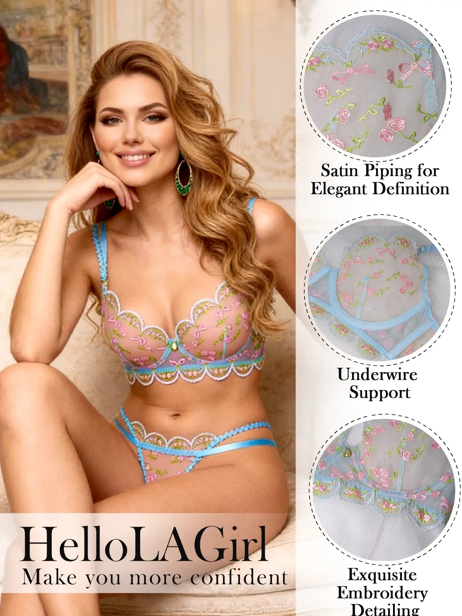 Light Blue Floral Lace Lingerie Set Hello.LA.Girl