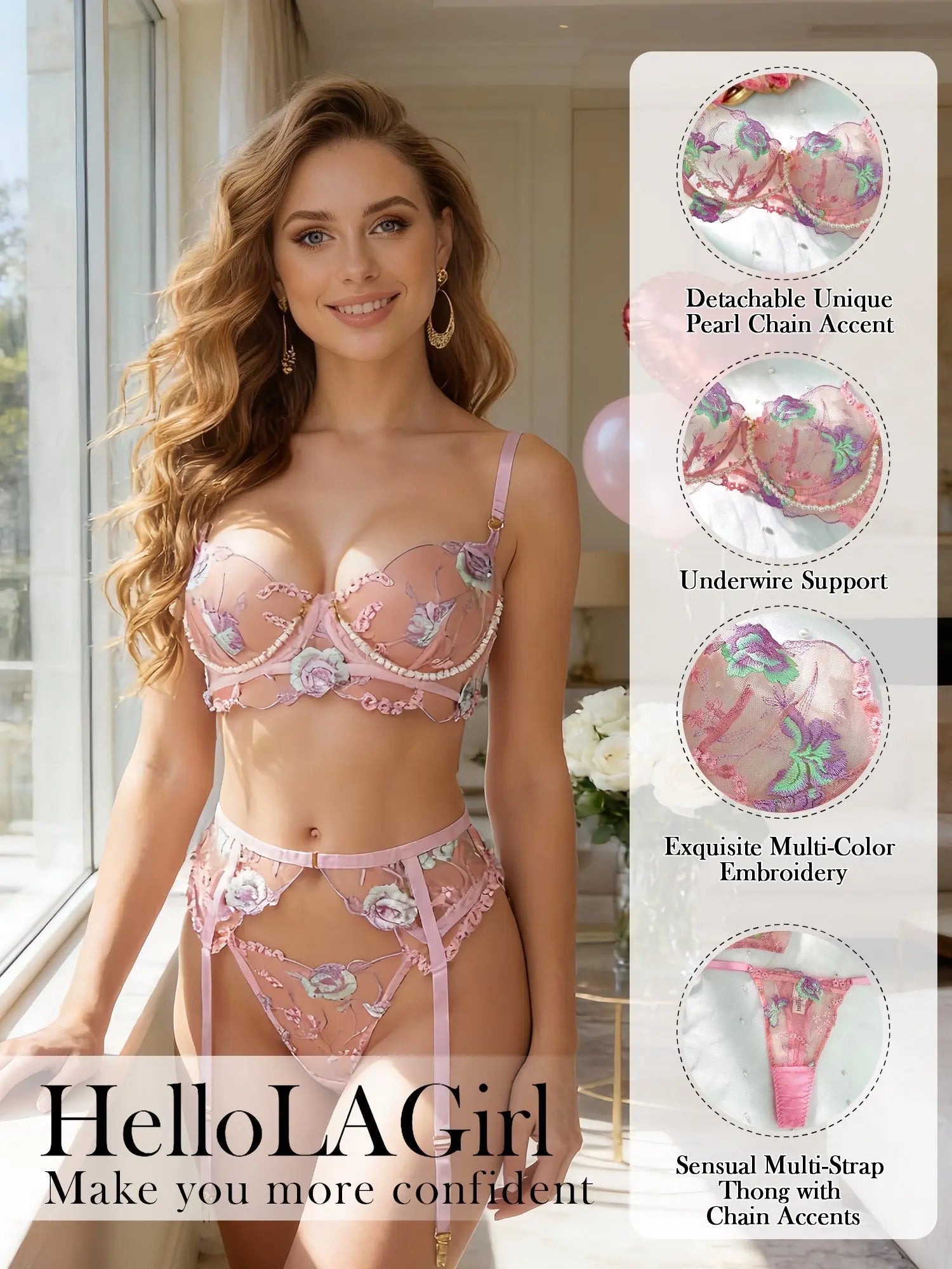 Pink Floral Embroidery Pearl Chain Lingerie Set Hello.LA.Girl