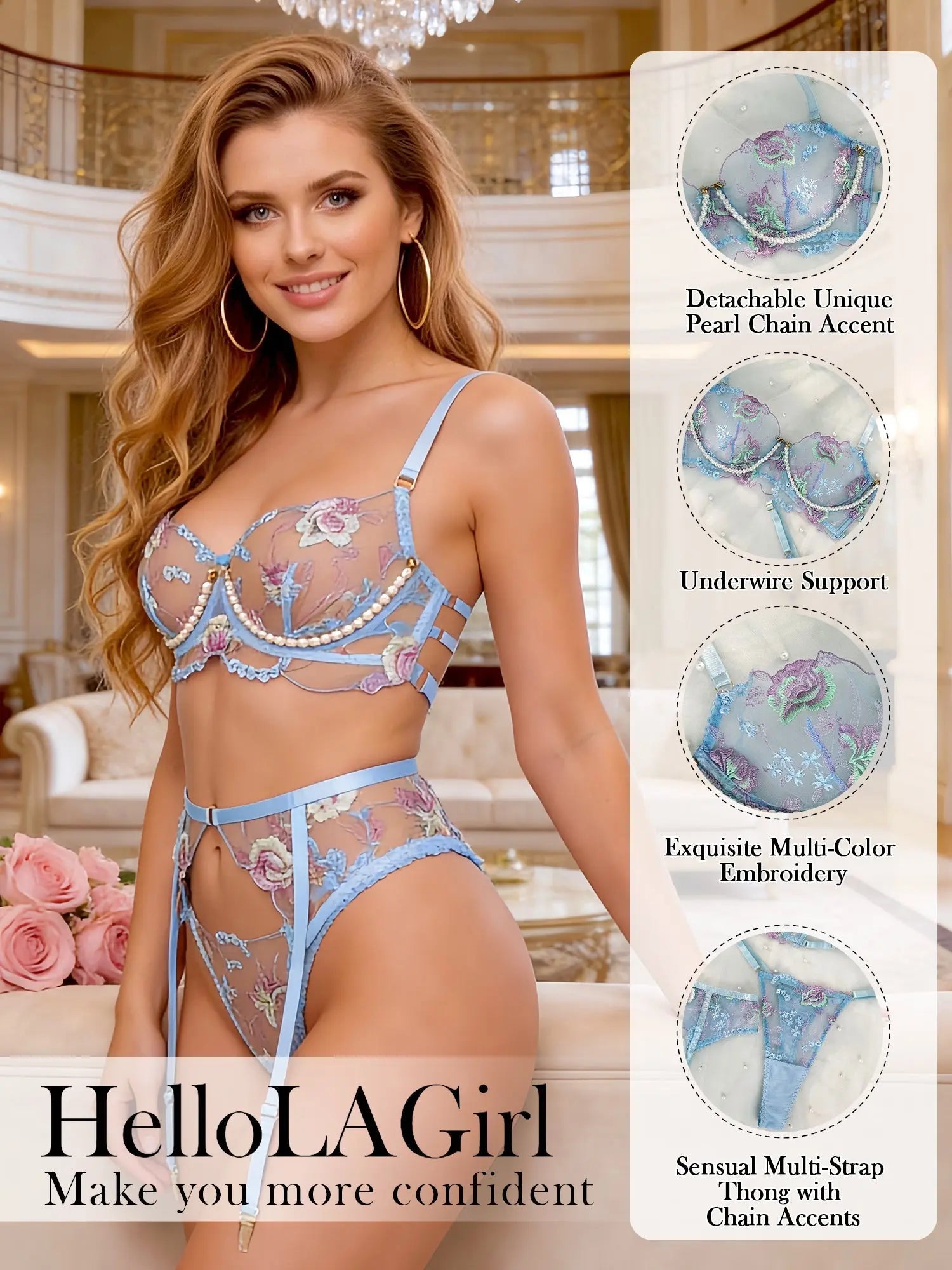 Blue Floral Embroidery Pearl Chain Lingerie Set Hello.LA.Girl