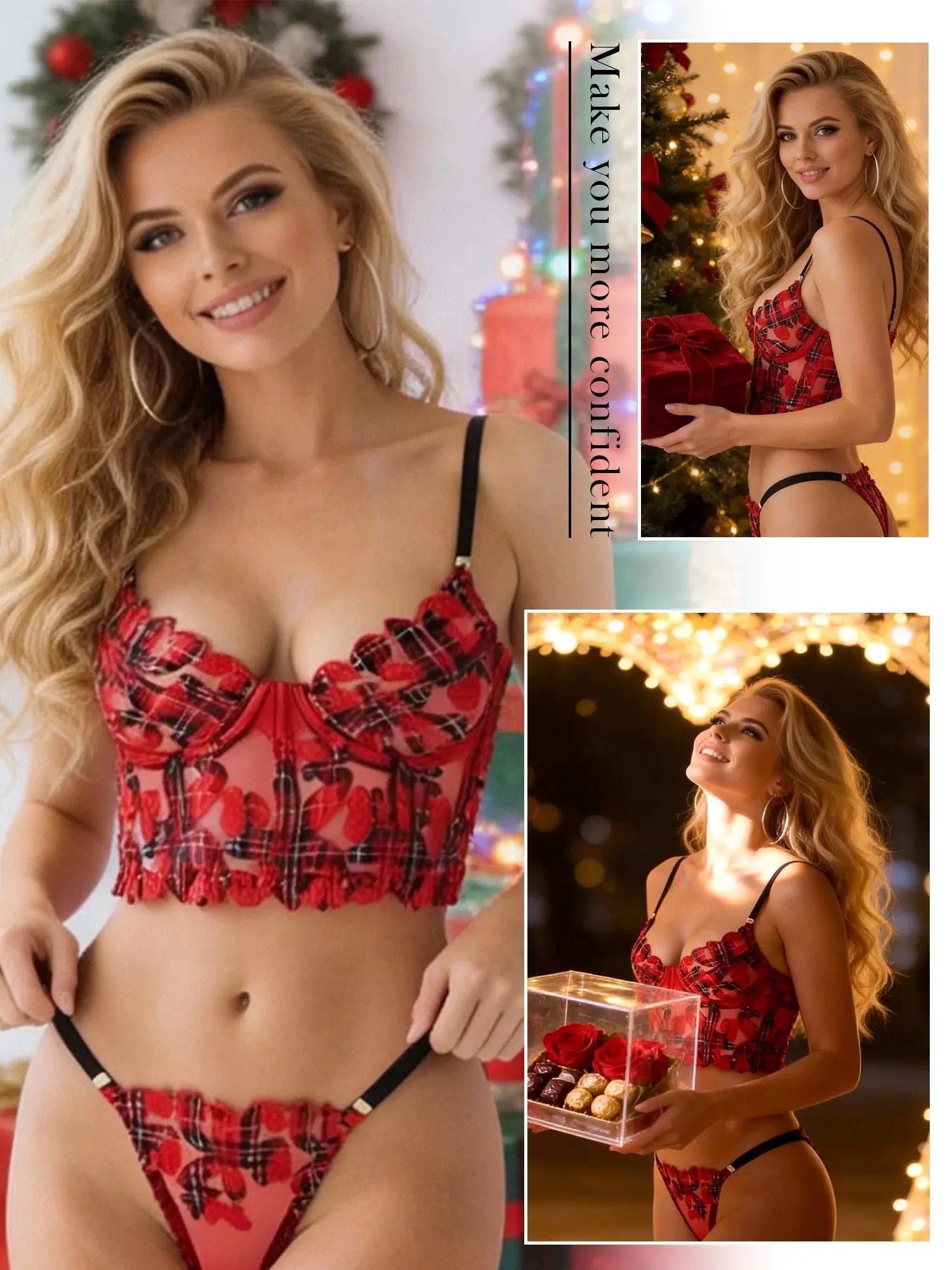Red Tartan Flower Lingerie Set Hello.LA.Girl