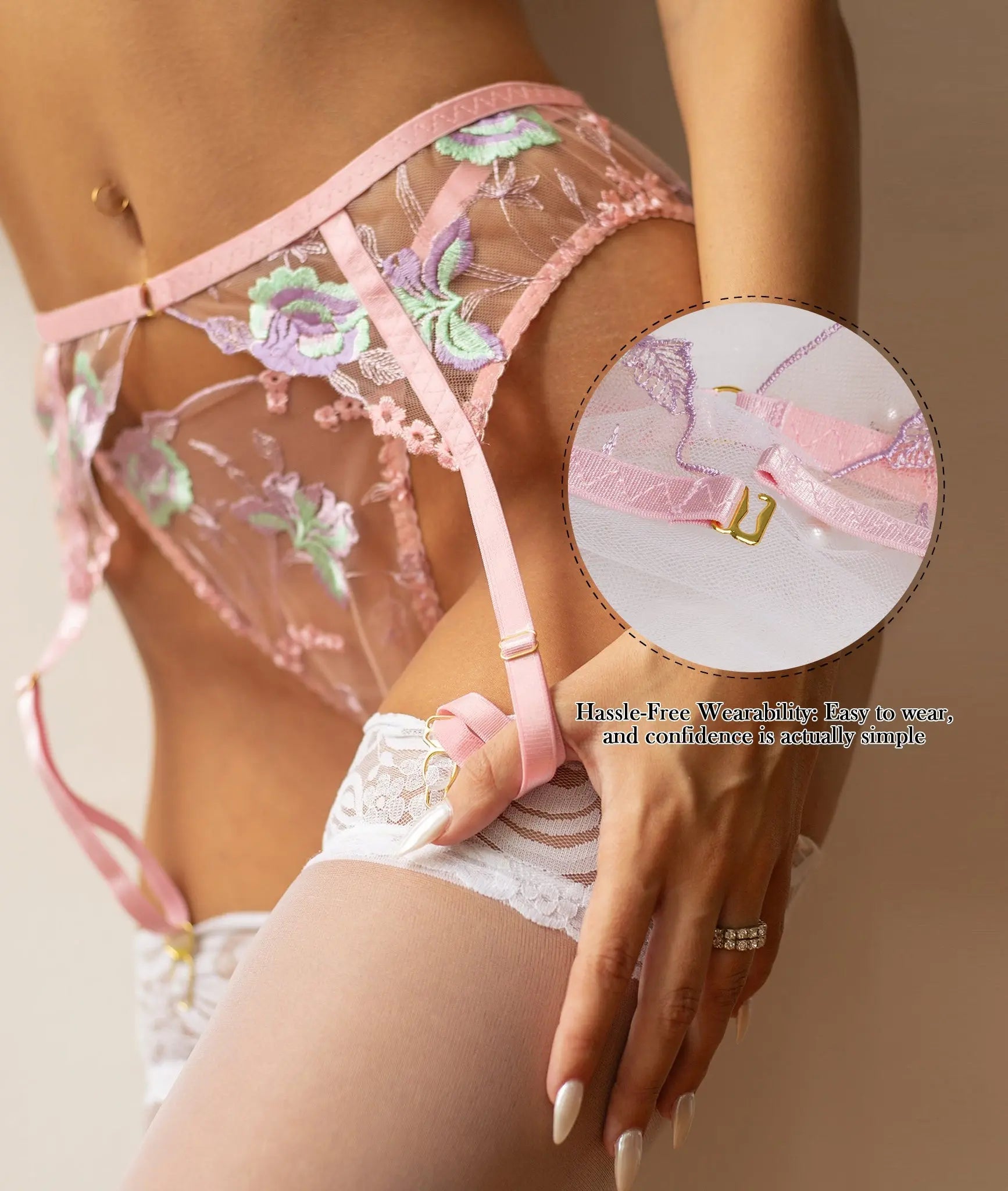 Pink Floral Embroidery Pearl Chain Lingerie Set Hello.LA.Girl