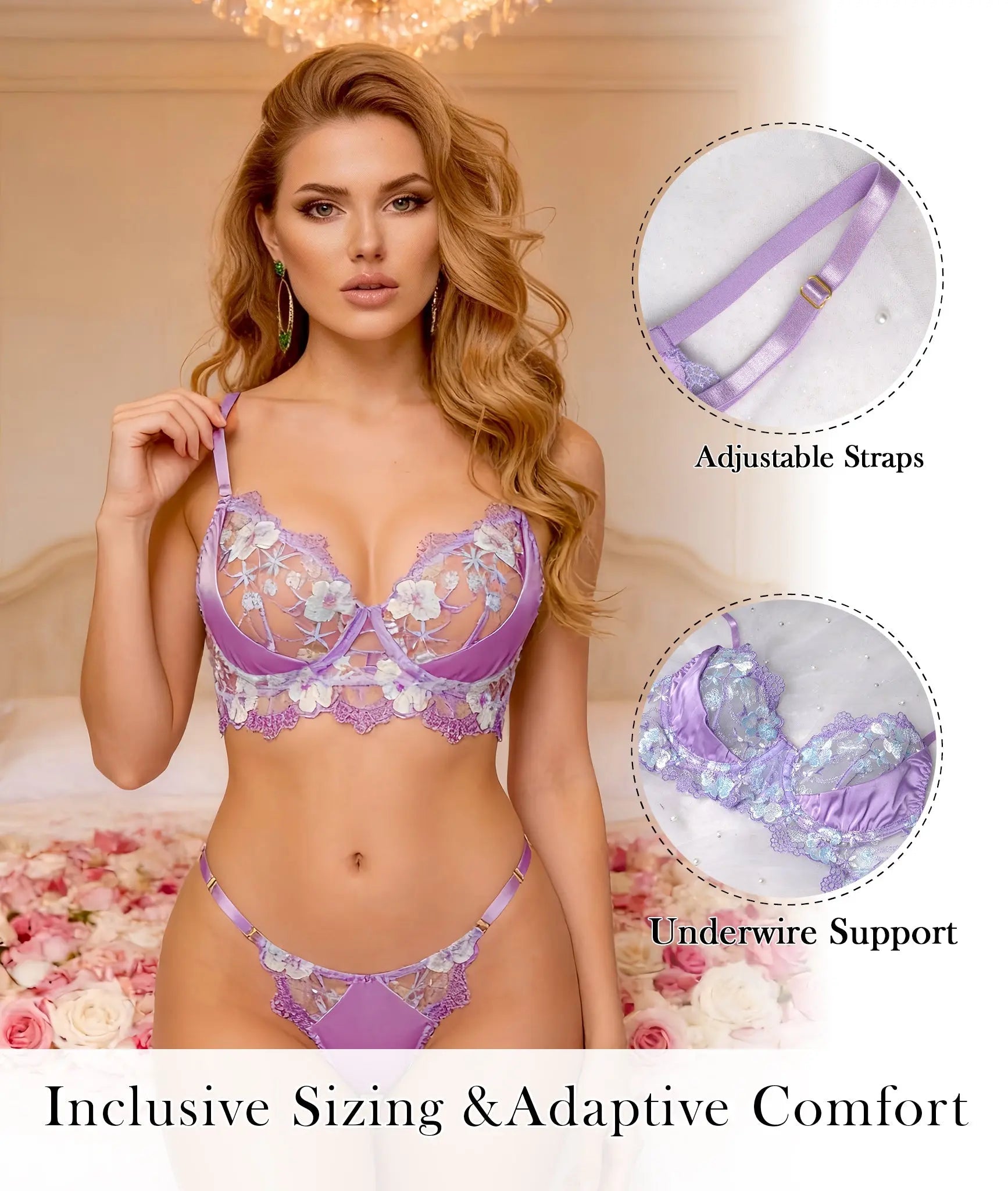 Lavender Floral Embroidered Satin Push-up Lingerie Set Hello.LA.Girl