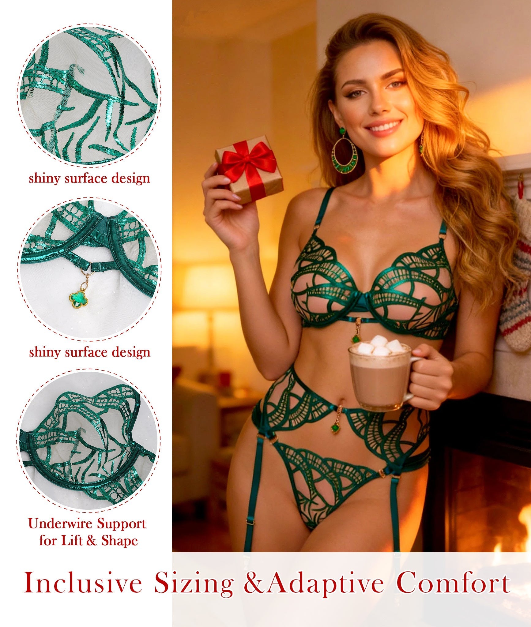 Luxe Green Metallic Foil Lace Lingerie Set Hello.LA.Girl
