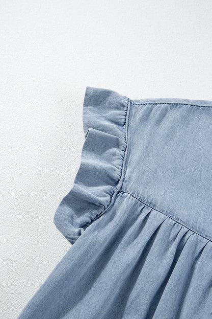 Ruffled Round Neck Cap Sleeve Denim Dress.