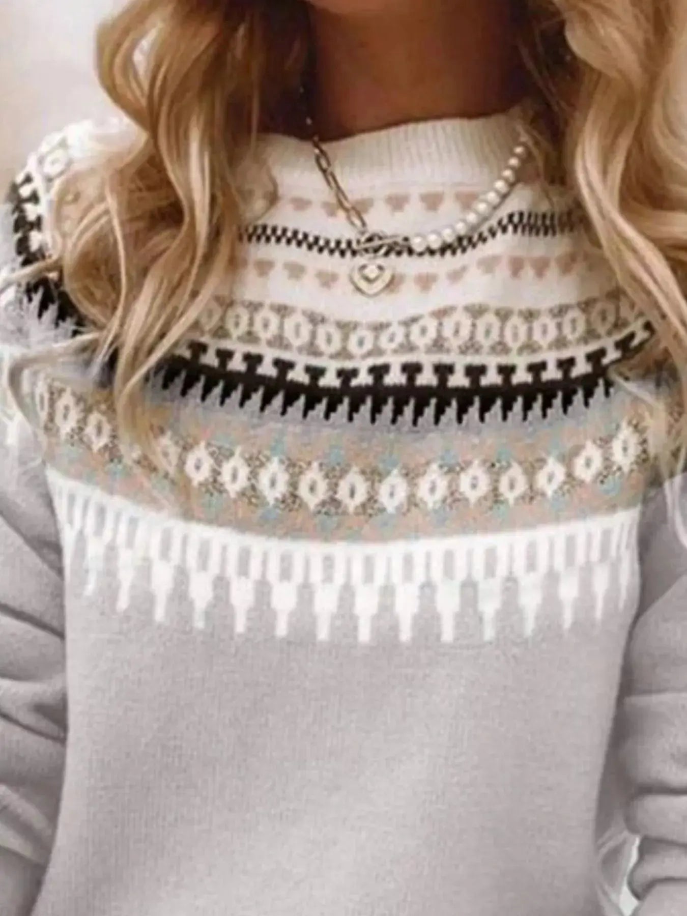 Full Size Vintage Patterned Round Neck Sweater Plus Size Simply Love