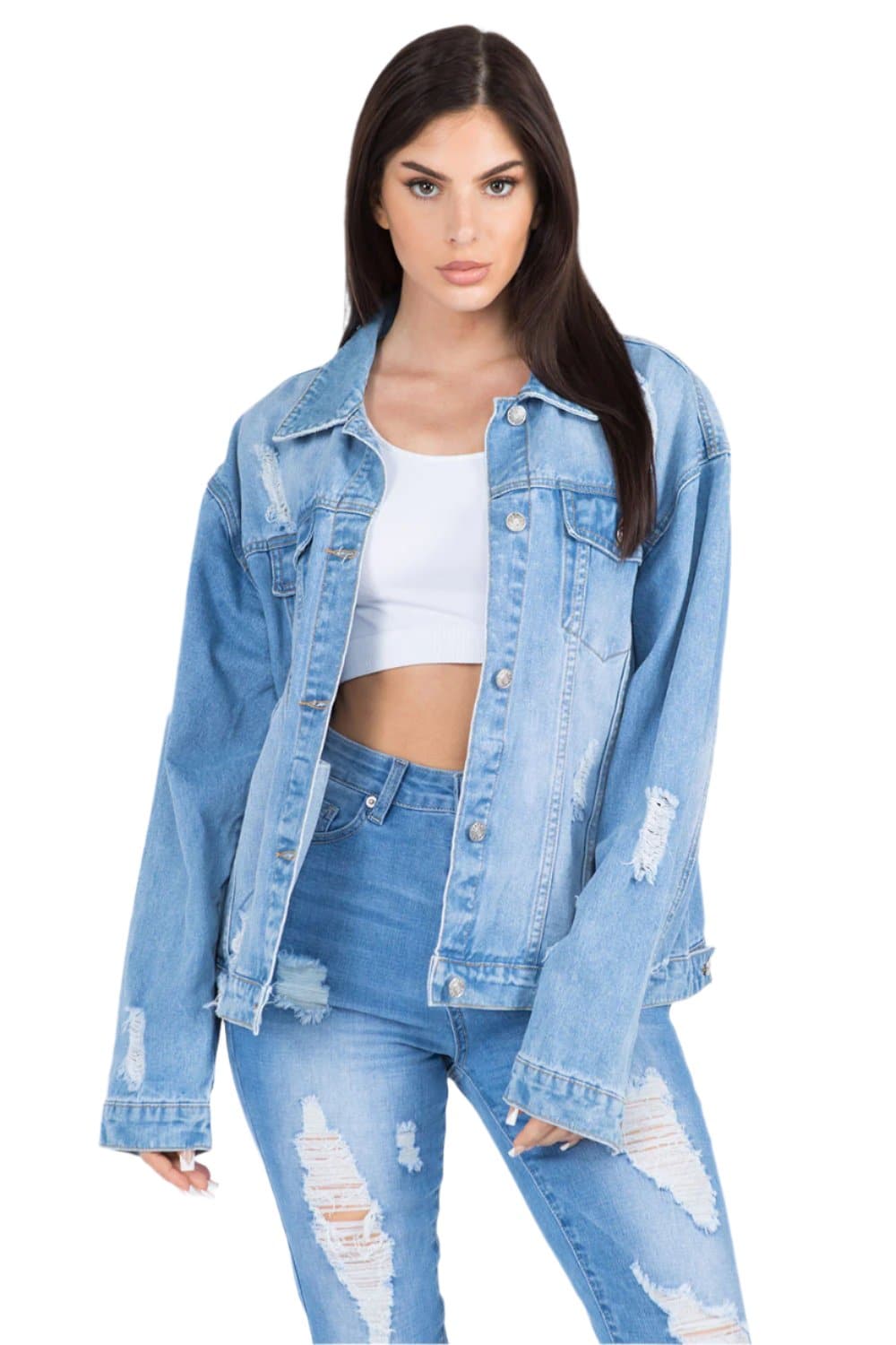 American Bazi Full Size Painted Back Distressed Denim Jacket.