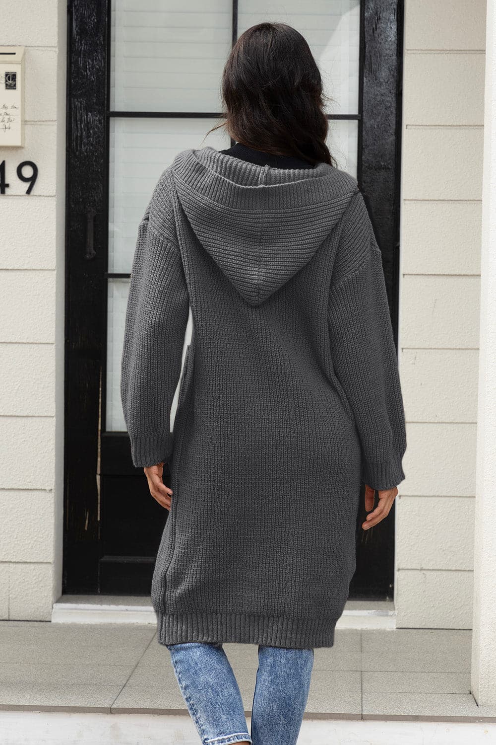 Button Up Long Sleeve Hooded Cardigan with Pockets.