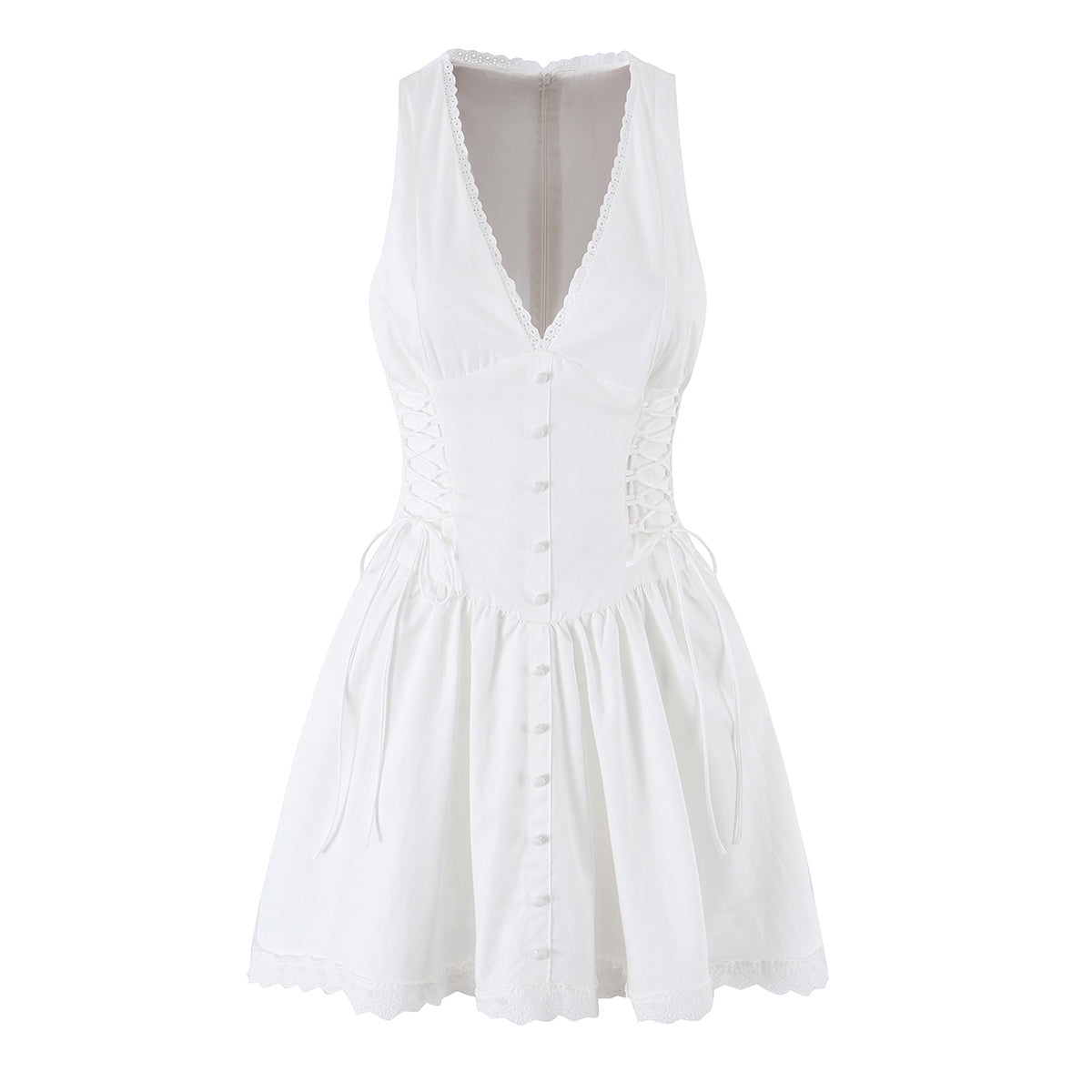 French Fresh Gentle First Love Slim White Dress Gold Lace V neck Patchwork Waist Dress
