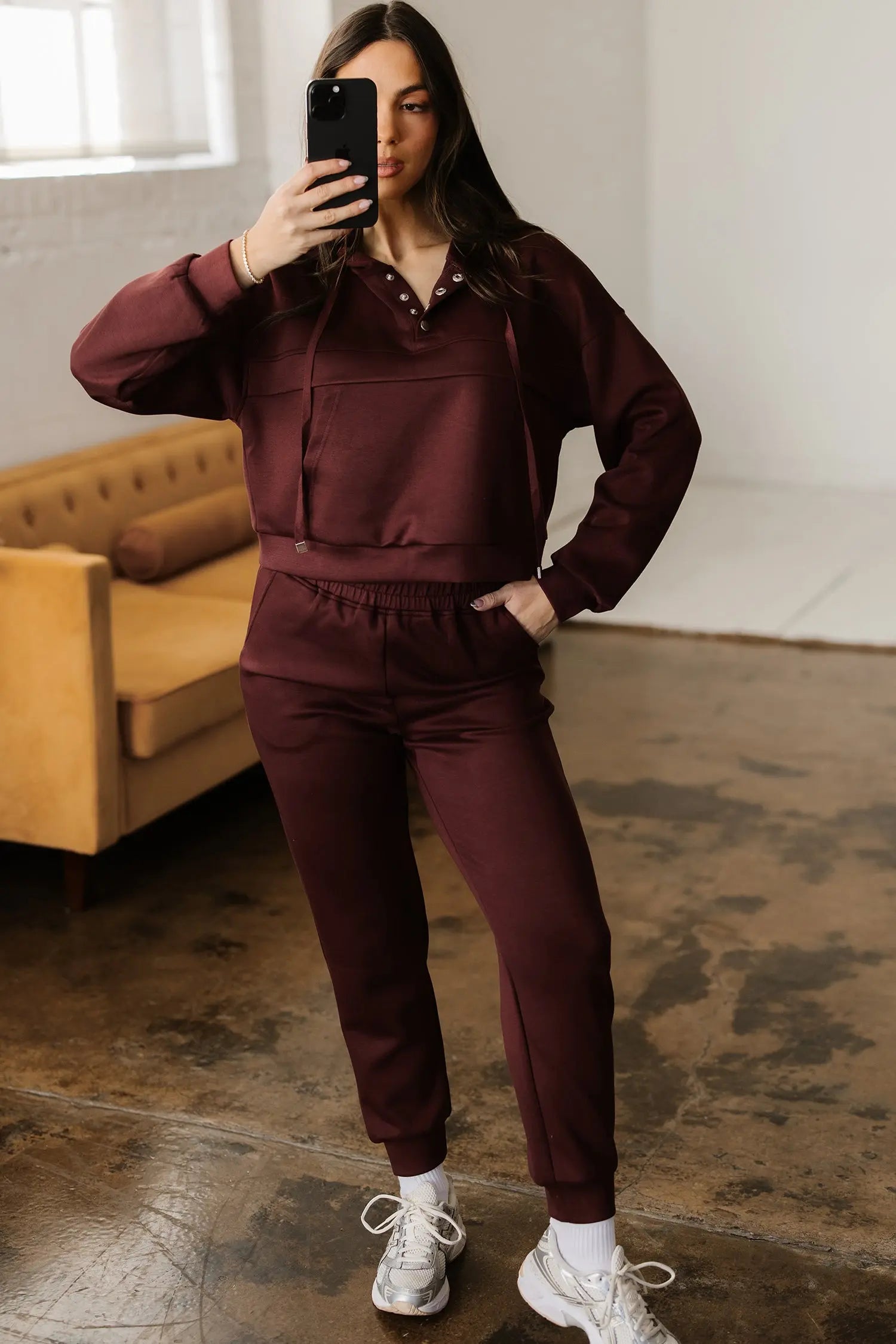 Chicory Coffee Button Drawstring Cropped Hoodie Jogger 2pcs Set Dear-Lover Dropshipping