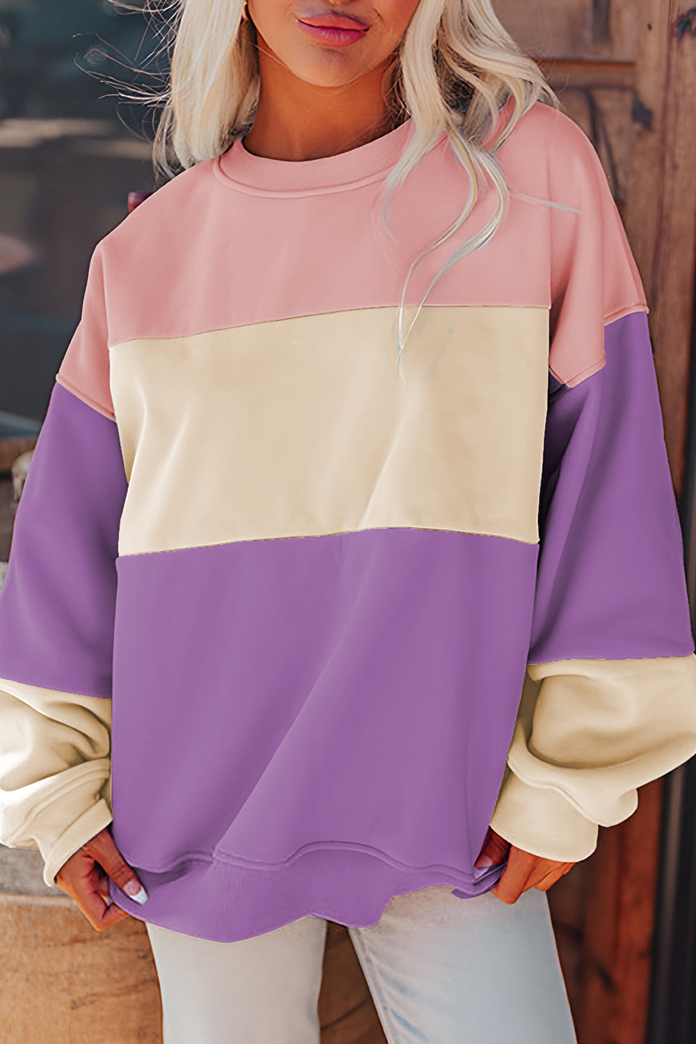 Cozy meadow mauve patchwork colorblock sweatshirt