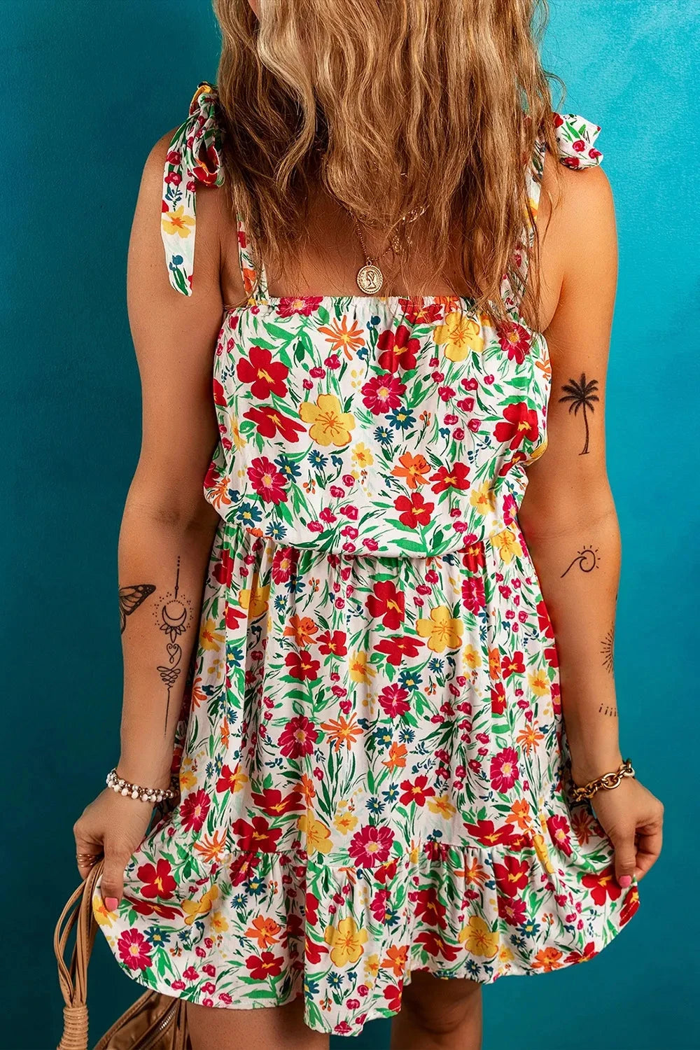 Floral Knotted Straps Cinched Waist Ruffle Hem Mini Dress Simply Love