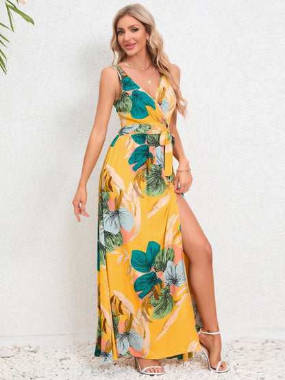 Slit Tied Printed Surplice Dress.