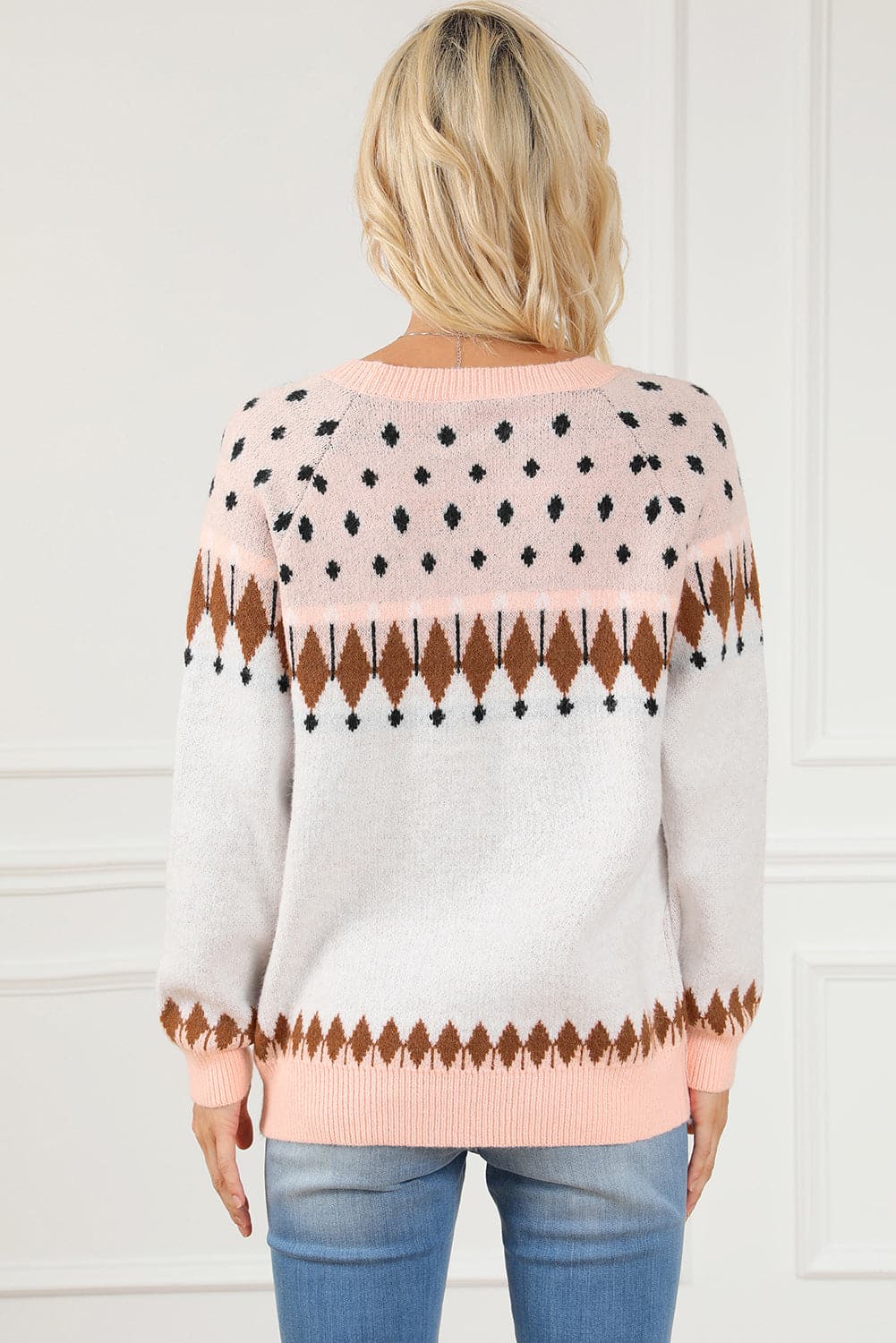 Geometric Round Neck Long Sleeve Sweater.