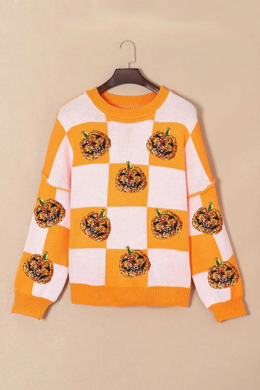 Pumpkin Checkered Round Neck Long Sleeve Sweater