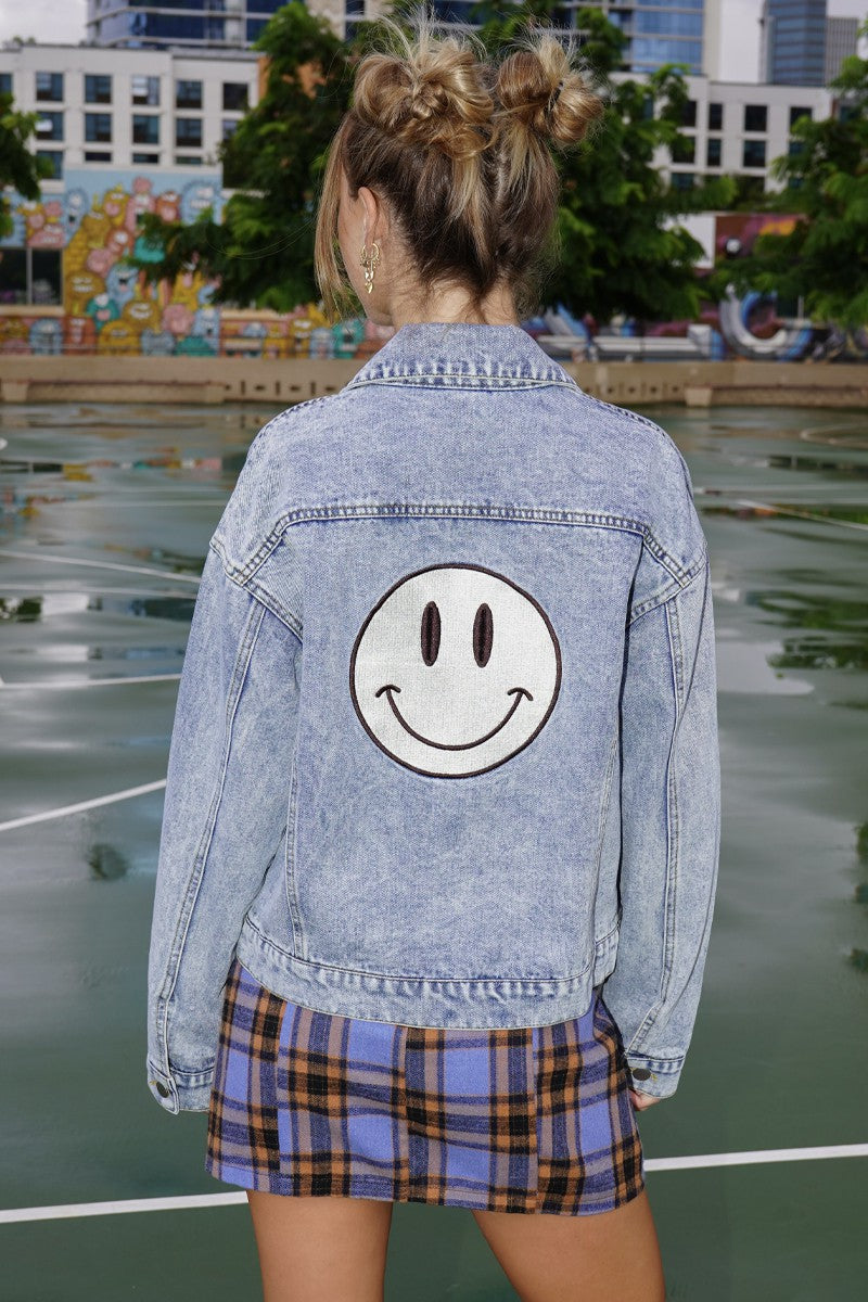 Smile Embroidered Denim Jacket Miss Sparkling