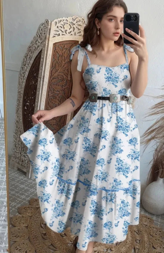 Printed Tie Shoulder Dress Simply Love