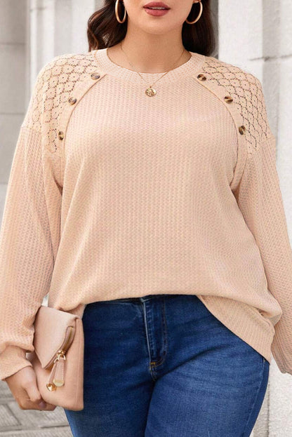 Chic beige plus size waffle knit top with lace patchwork and button details