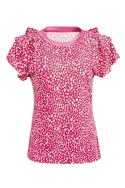 Ruffled Printed Round Neck Short Sleeve Blouse.