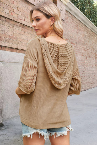 Openwork Drawstring Hooded Half Sleeve Knit Top.