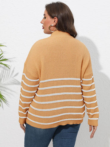 Plus Size Zip-Up Striped Sweater.