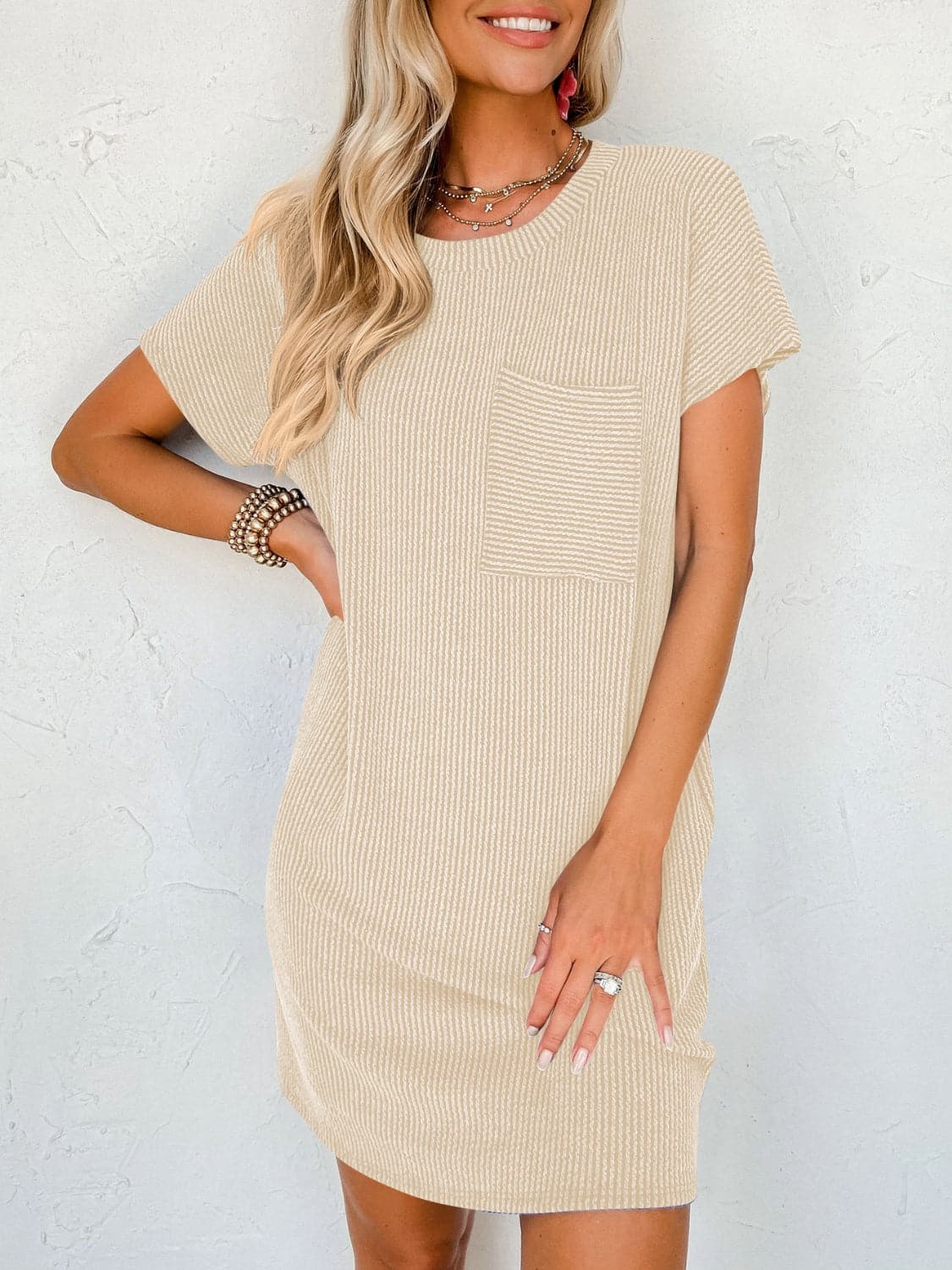 Round Neck Short Sleeve Mini Dress.