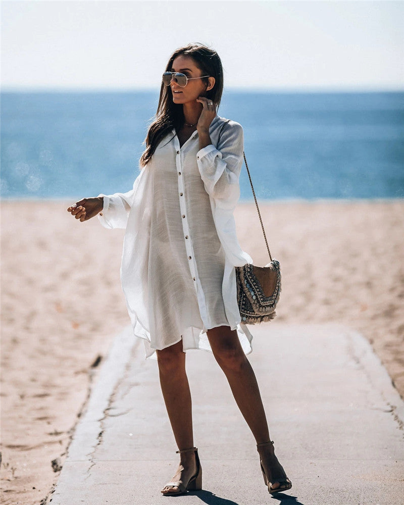 New Bamboo Shirt Single-Breasted Beach Sun Protection Shirt Seaside Casual Vacation Skirt Bella Mia