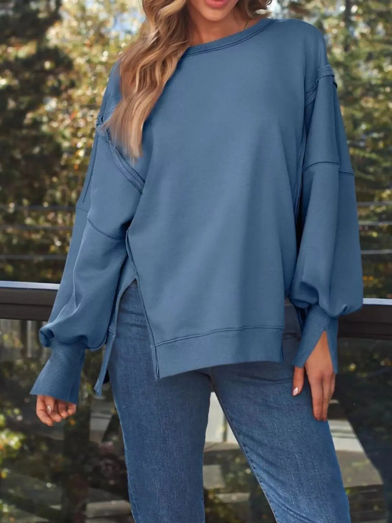 Side Slit Long Sleeve Oversized Sweatshirt Simply Love