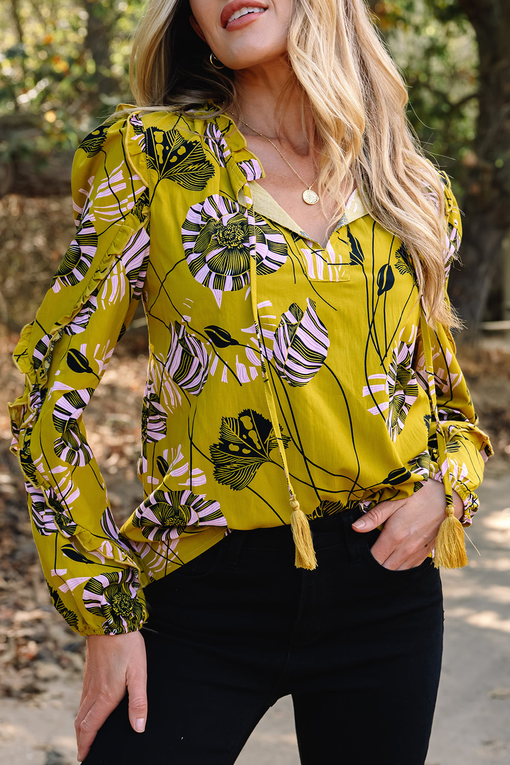 Yellow Vintage Floral V Neck Ruffle Trim Long Sleeve Blouse Dear-Lover Dropshipping