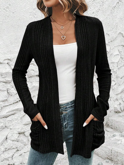 Pocketed Open Front Long Sleeve Cardigan.