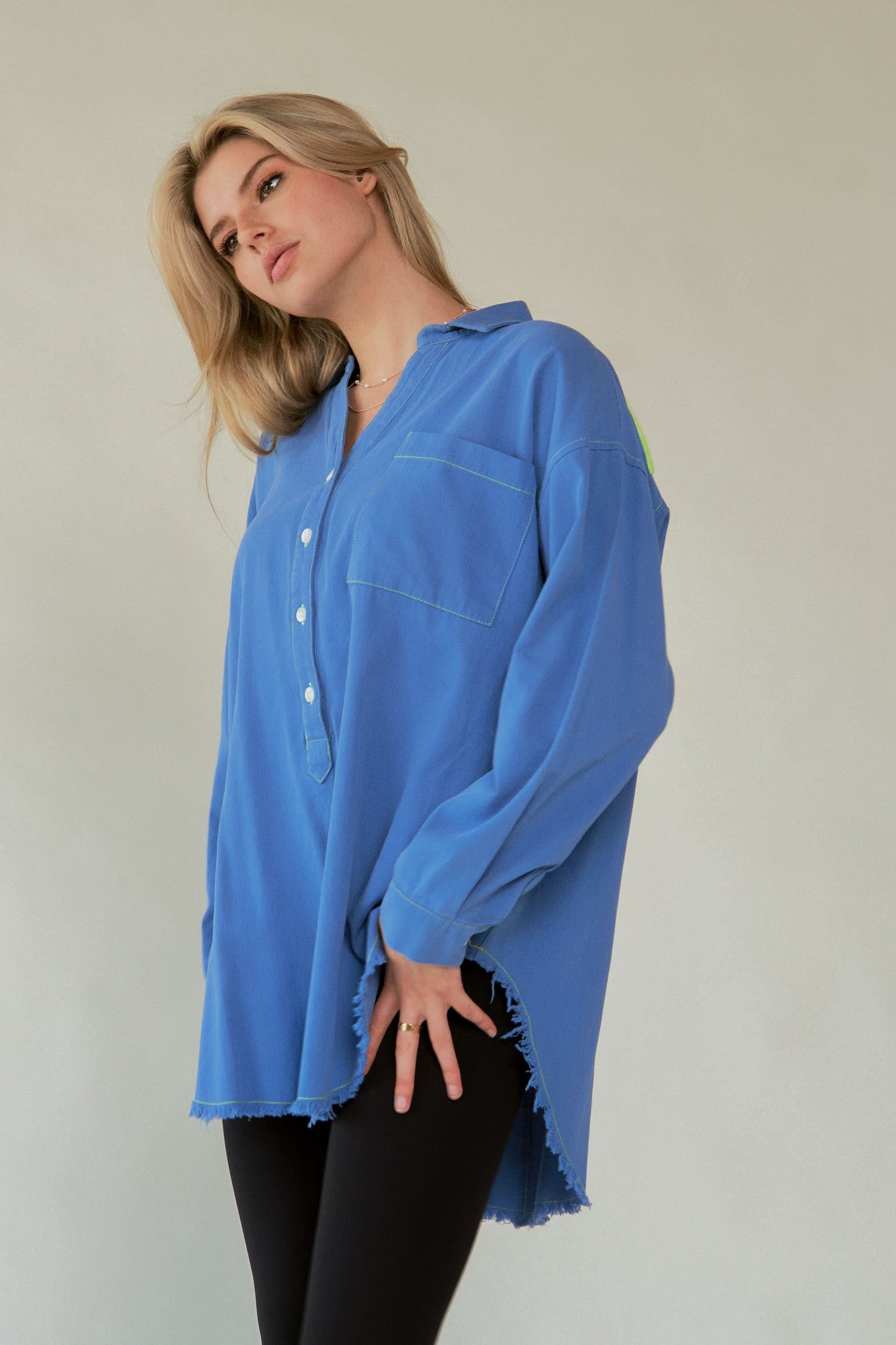 Lettered Back Raw Hem Button-Up Top