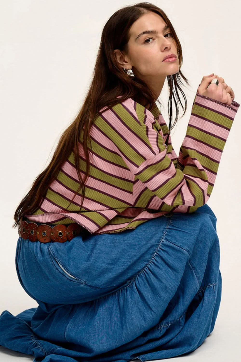 Striped Notched Long Sleeve T-Shirt