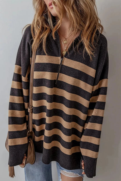 Chic striped half zip long sleeve knit top for effortless style