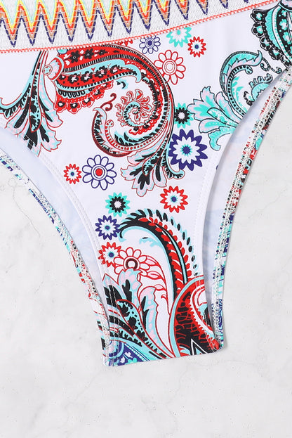 Bohemian white paisley one-shoulder bikini with chic contrast trim