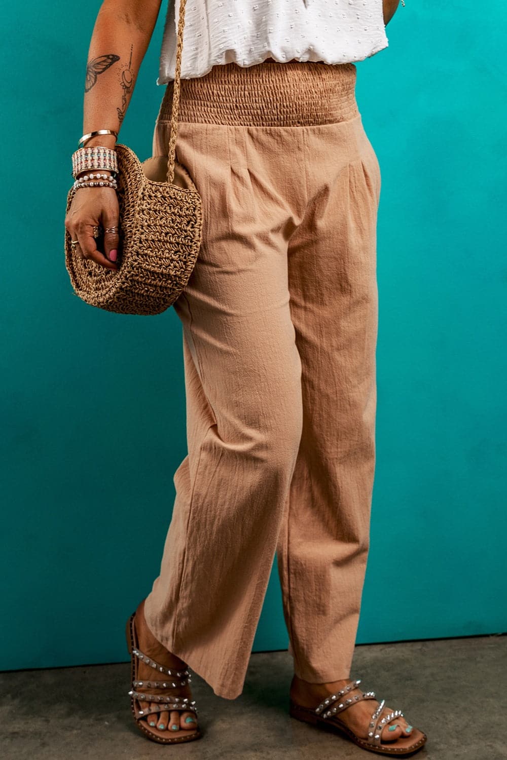 Smocked Elastic Waist Pants with Pockets.