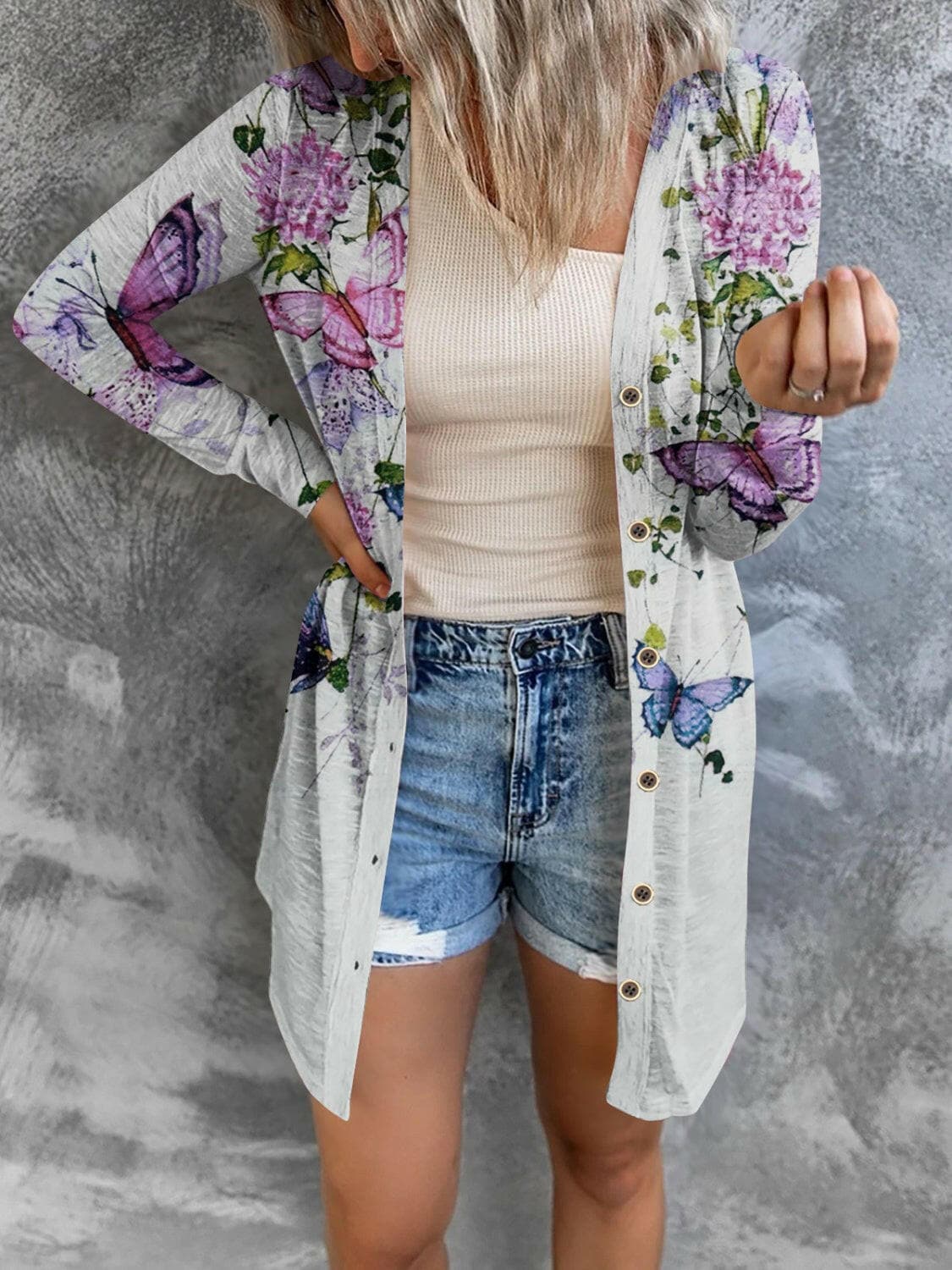 Printed Button Up Long Sleeve Cardigan.