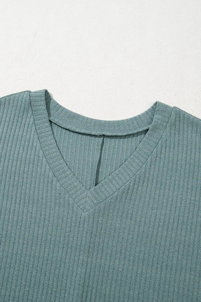Oversized Ribbed Knit V Neck Dolman Short Sleeve Top