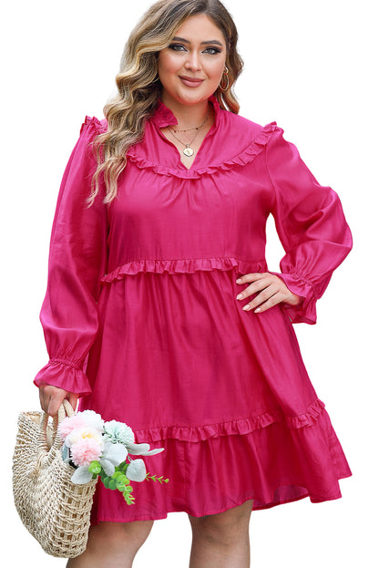 Rosy ruffled bubble sleeve plus size dress