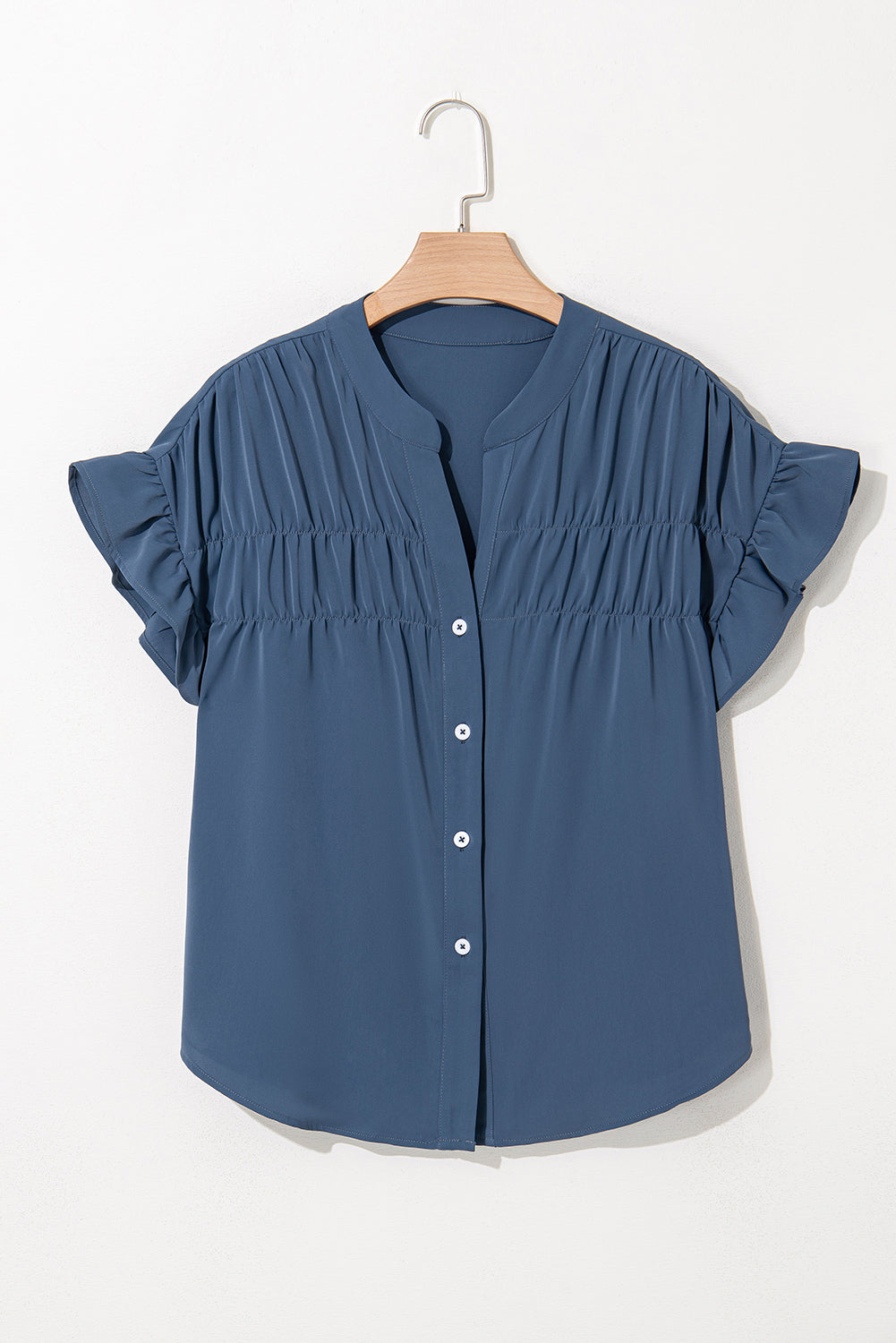 Real Teal Solid Color Ruffle Ruched Short Sleeve Shirt