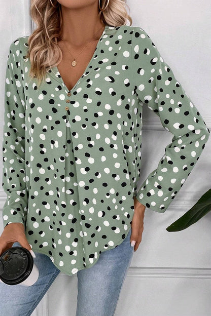 Printed V-Neck Long Sleeve Blouse.