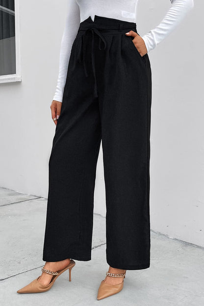 High Waist Ruched Tie Front Wide Leg Pants.