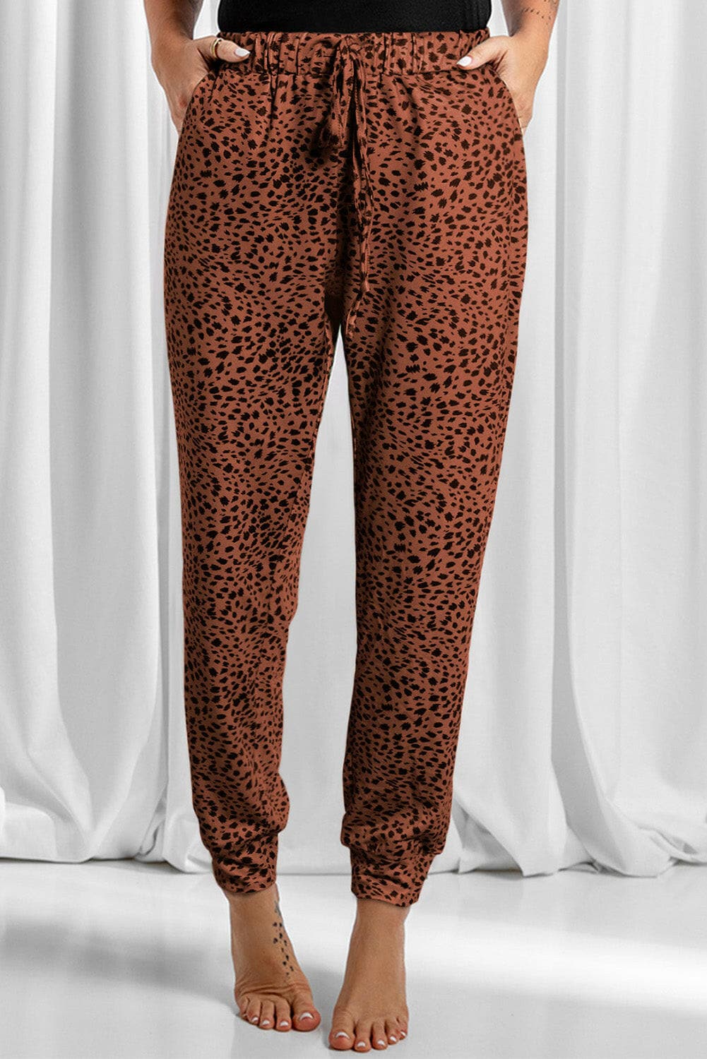 Full Size Leopard Drawstring Pocketed Pants.